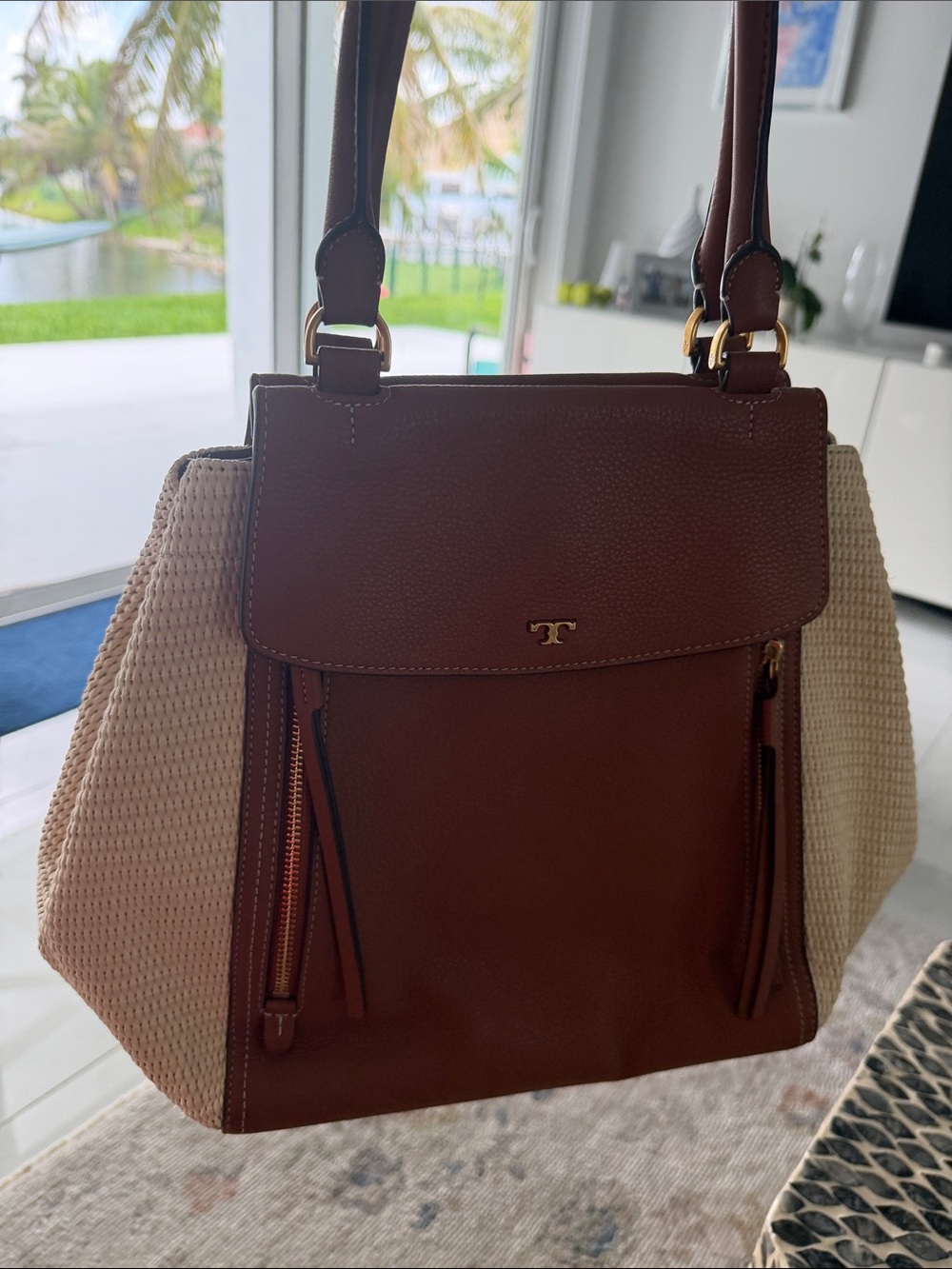 Tory Burch Cognac Leather and Cream Woven Shoulder Bag - Picture 9 of 11